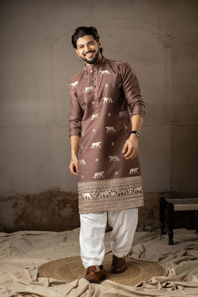 Mens Brown Embroidered Rayon Kurta Set (ACA5585)