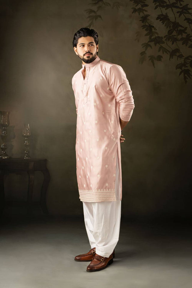 Mens Pink Embroidered Rayon Kurta Set (ACA5586)