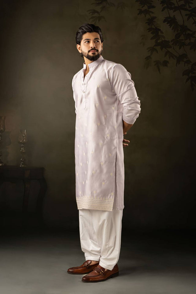 Mens Lavender Embroidered Rayon Kurta Set (ACA5587)