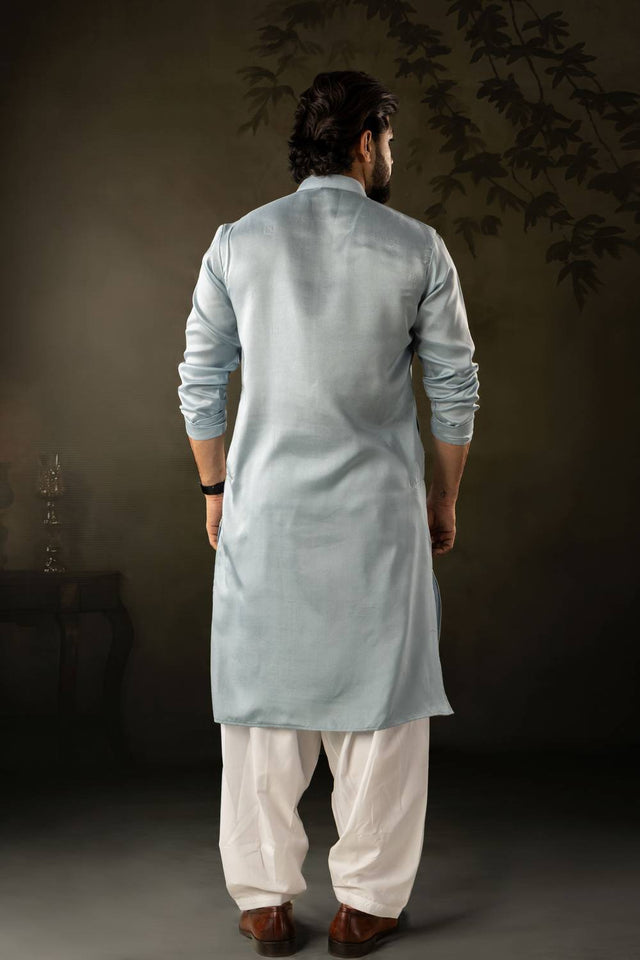 Mens Blue Embroidered Rayon Kurta Set (ACA5588)