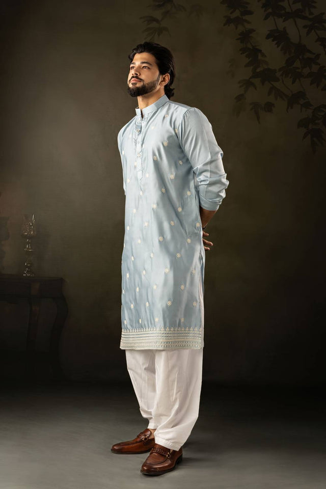 Mens Blue Embroidered Rayon Kurta Set (ACA5588)