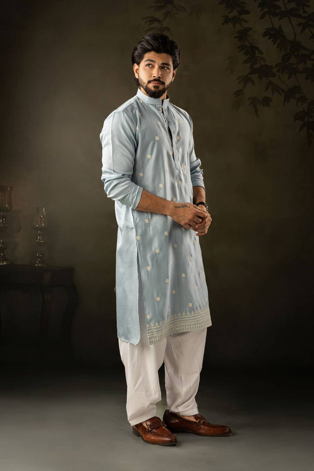 Mens Blue Embroidered Rayon Kurta Set (ACA5588)