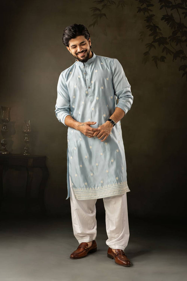 Mens Blue Embroidered Rayon Kurta Set (ACA5588)