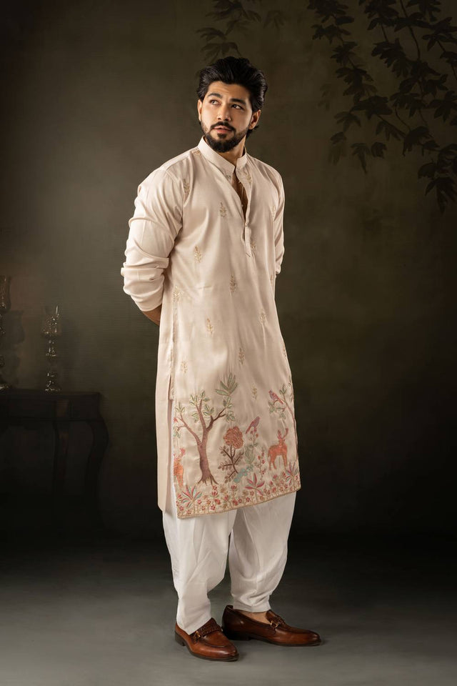 Mens Off-White Embroidered Rayon Kurta Set (ACA5590)
