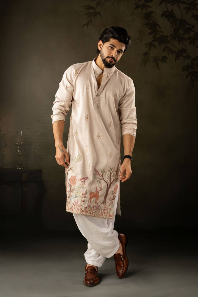 Mens Off-White Embroidered Rayon Kurta Set (ACA5590)