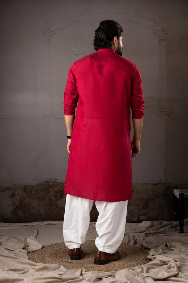 Men's Red Floral Embroidered Silk Kurta Set (ACA5603)