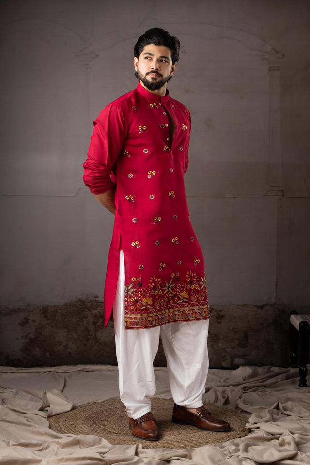 Men's Red Floral Embroidered Silk Kurta Set (ACA5603)
