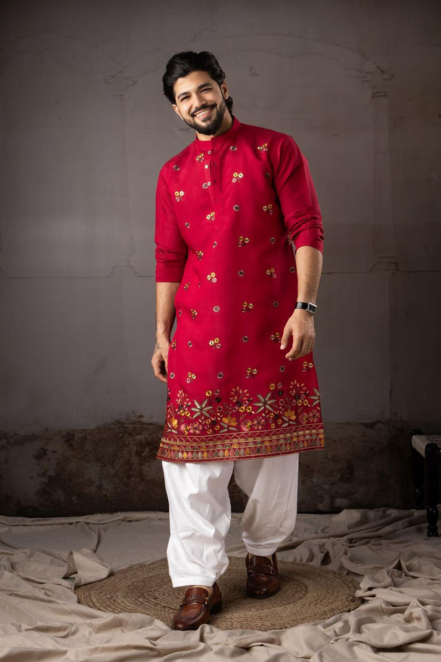 Men's Red Floral Embroidered Silk Kurta Set (ACA5603)