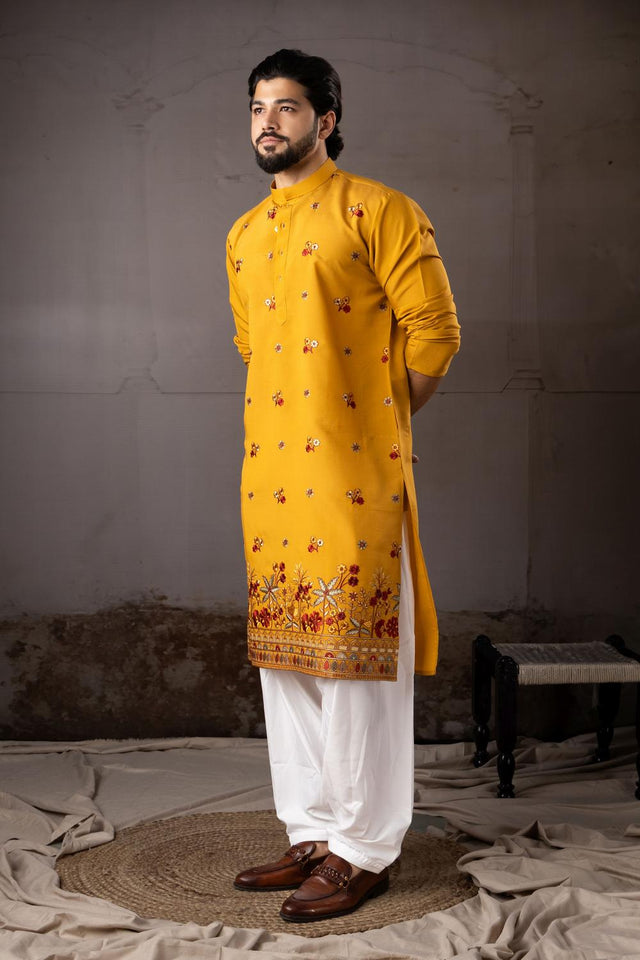 Men's Mustard Floral Embroidered Silk Kurta Set (ACA5604)