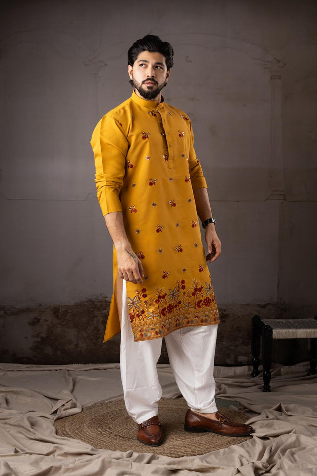 Men's Mustard Floral Embroidered Silk Kurta Set (ACA5604)