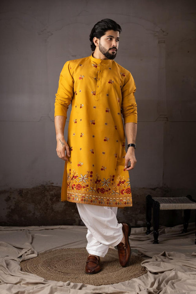 Men's Mustard Floral Embroidered Silk Kurta Set (ACA5604)