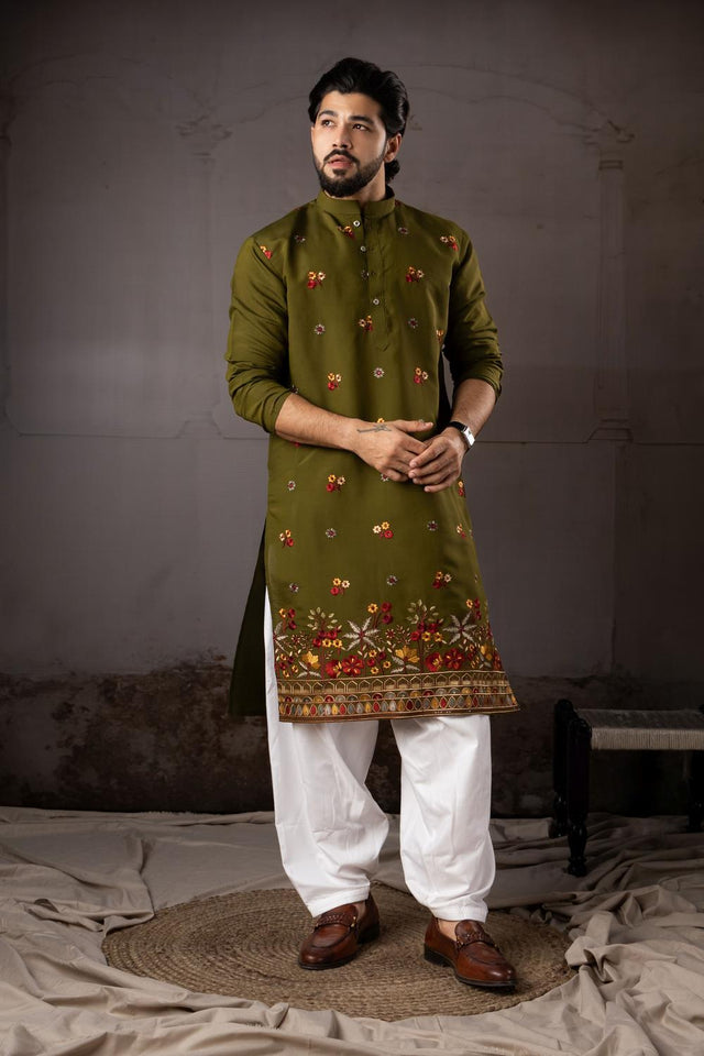 Men's Mehendi Floral Embroidered Silk Kurta Set (ACA5605)