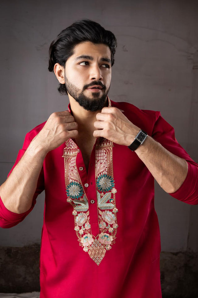 Men's Red Floral Embroidered Silk Kurta Set (ACA5606)