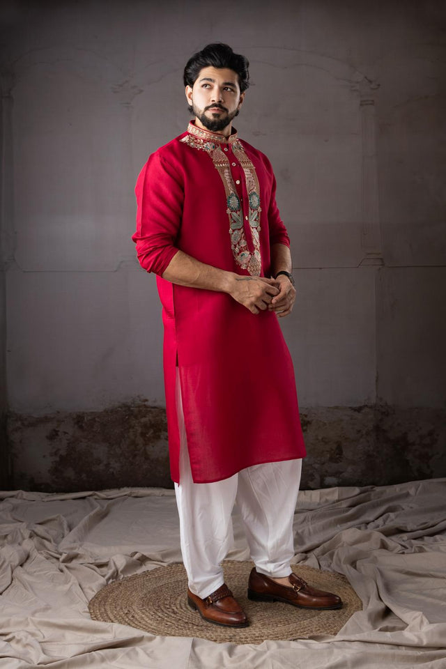 Men's Red Floral Embroidered Silk Kurta Set (ACA5606)