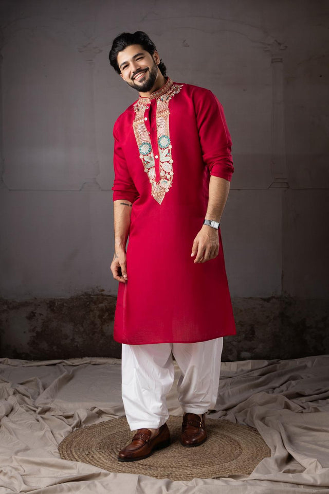 Men's Red Floral Embroidered Silk Kurta Set (ACA5606)