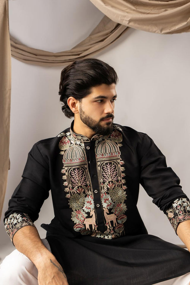 Men's Black Floral Embroidered Silk Kurta Set (ACA5608)