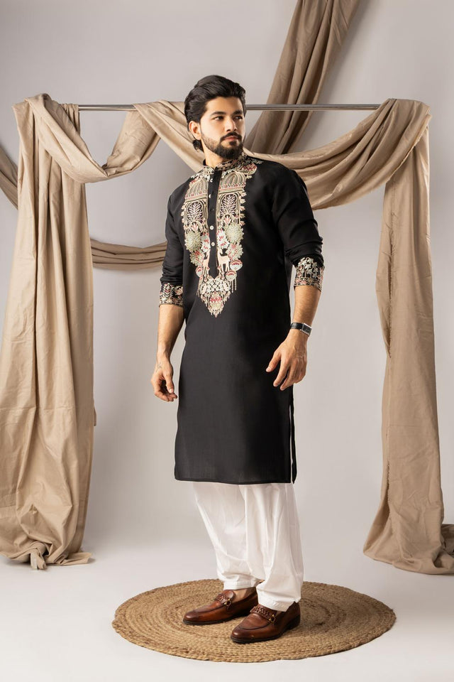 Men's Black Floral Embroidered Silk Kurta Set (ACA5608)