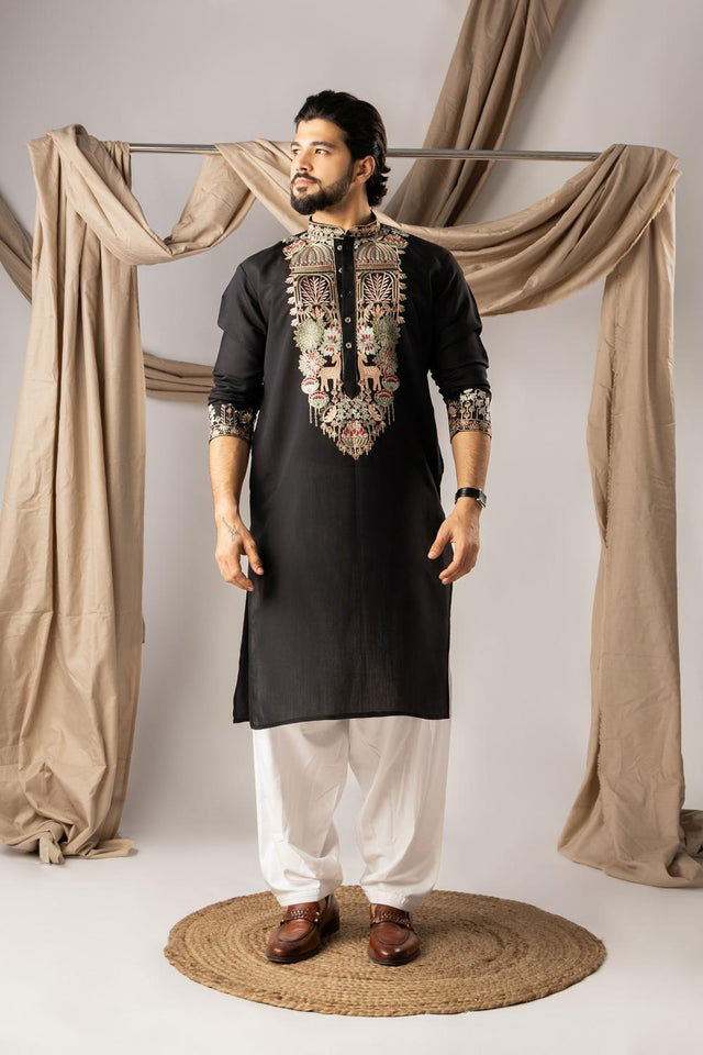 Men's Black Floral Embroidered Silk Kurta Set (ACA5608)