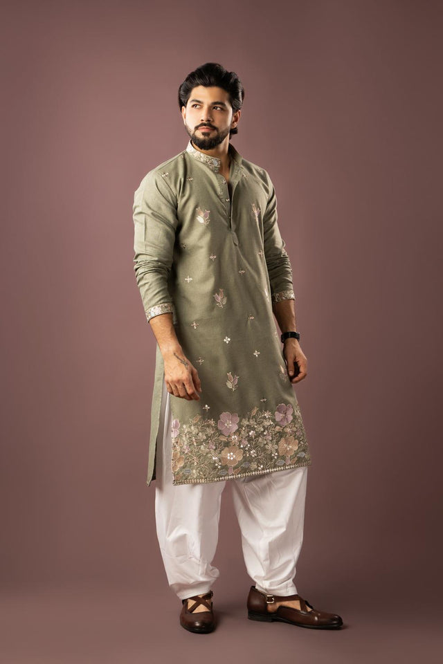 Men's Green Floral Embroidered Linen Kurta Set (ACA5609)