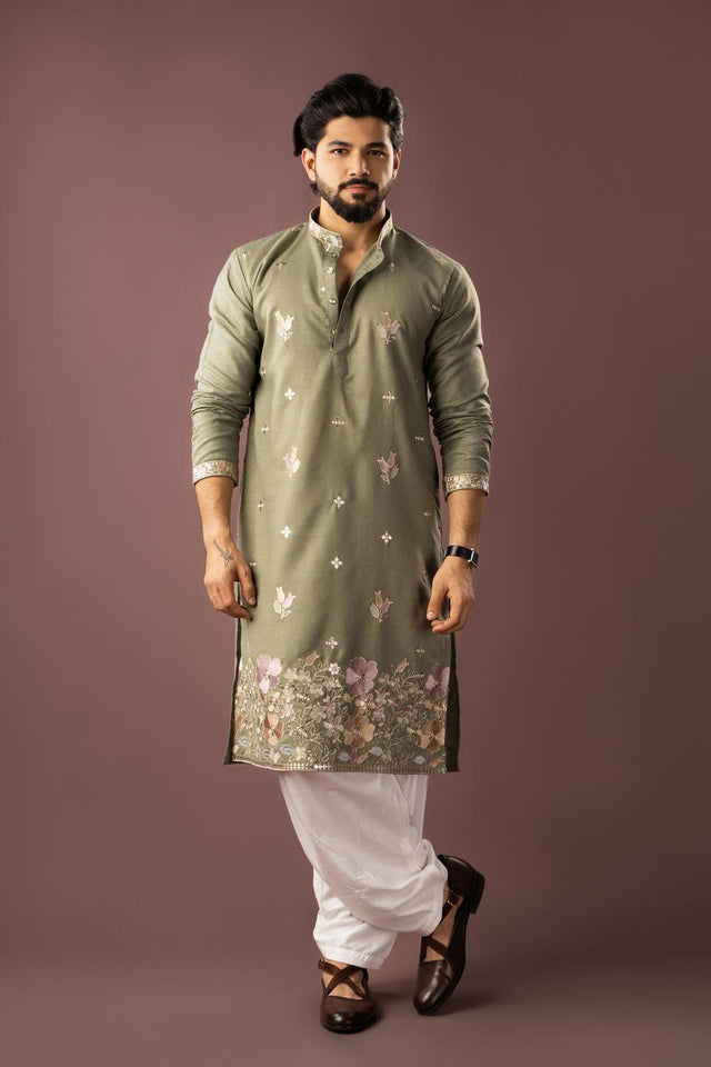 Men's Green Floral Embroidered Linen Kurta Set (ACA5609)