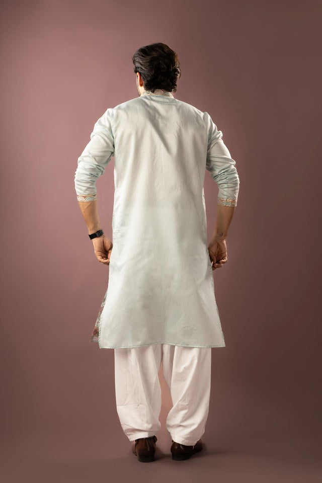 Men's Blue Floral Embroidered Linen Kurta Set (ACA5610)