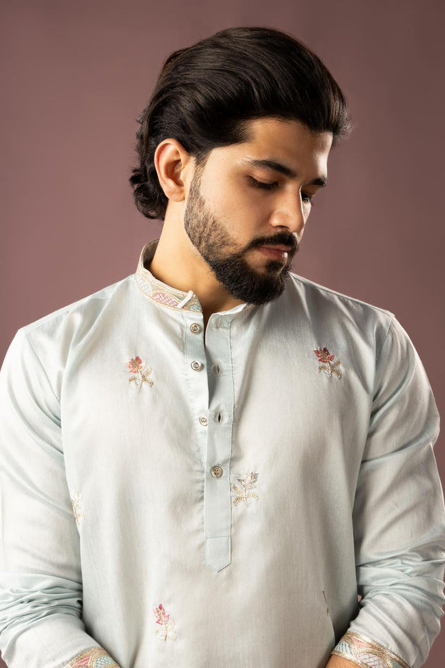 Men's Blue Floral Embroidered Linen Kurta Set (ACA5610)