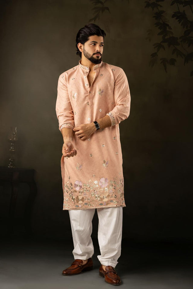 Men's Peach Floral Embroidered Silk Kurta Set (ACA5611)