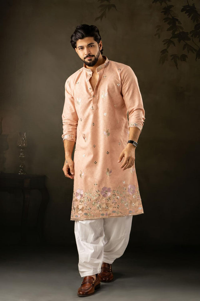 Men's Peach Floral Embroidered Silk Kurta Set (ACA5611)