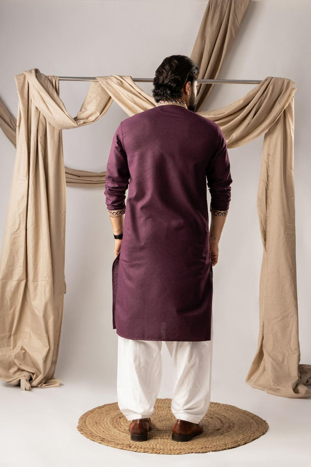Men's Wine Floral Embroidered Linen Kurta Set (ACA5618)