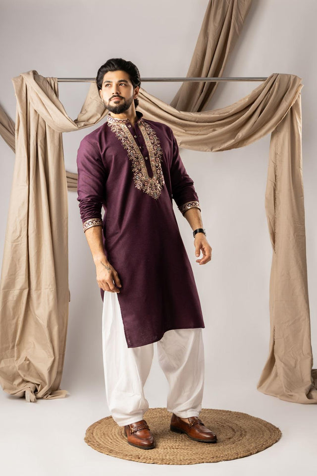 Men's Wine Floral Embroidered Linen Kurta Set (ACA5618)