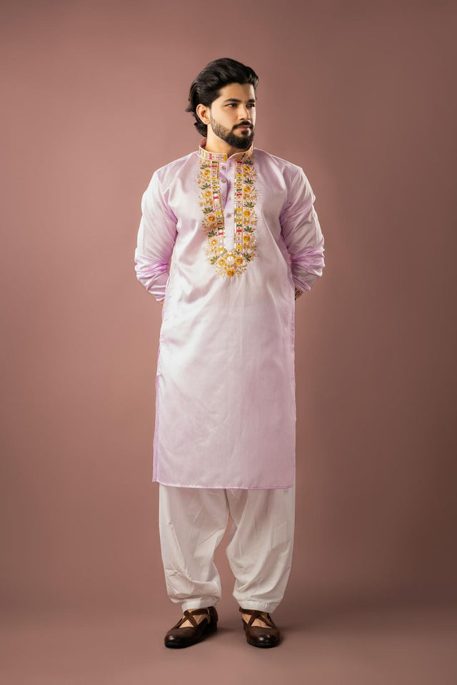 Men's Baby Pink Floral Embroidered Linen Kurta Set (ACA5619)