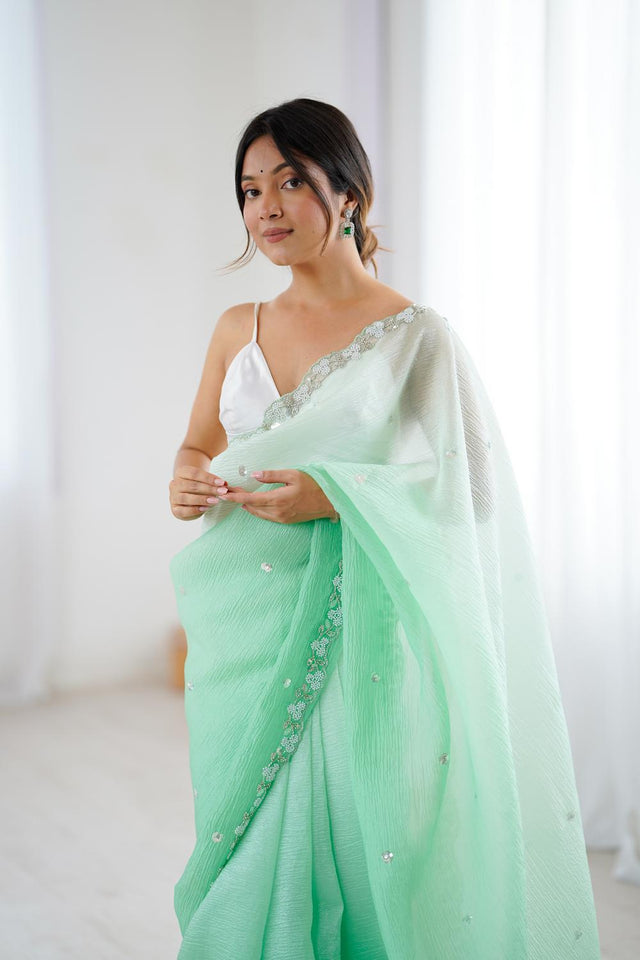 Sea Green Sequin with Embroidered Chiffon Saree (ACA5620)