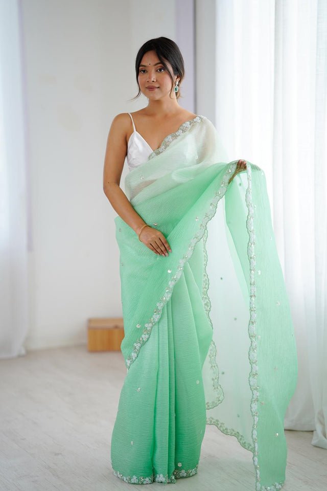 Sea Green Sequin with Embroidered Chiffon Saree (ACA5620)
