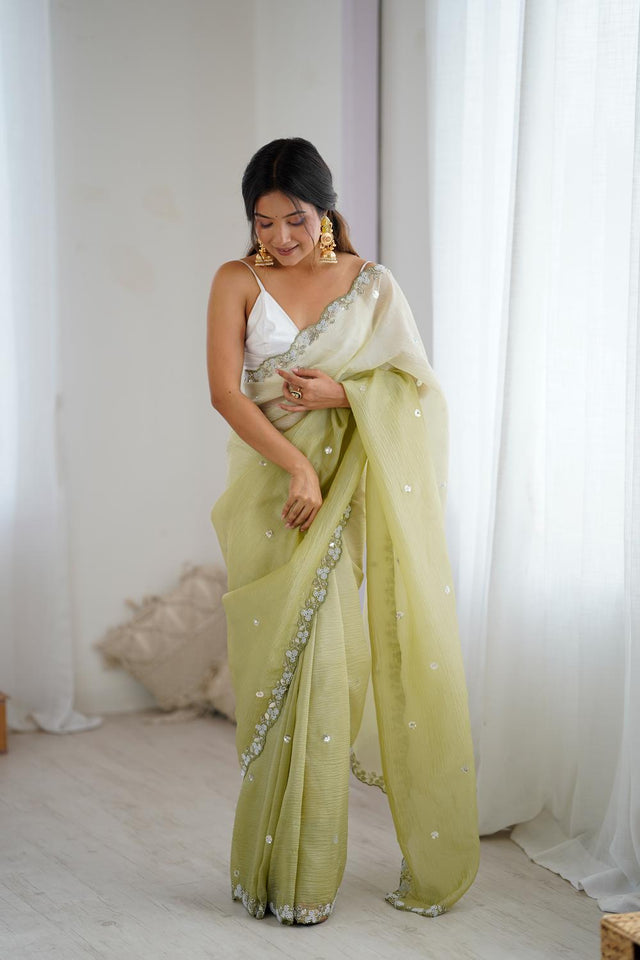 Green Sequin with Embroidered Chiffon Saree (ACA5622)