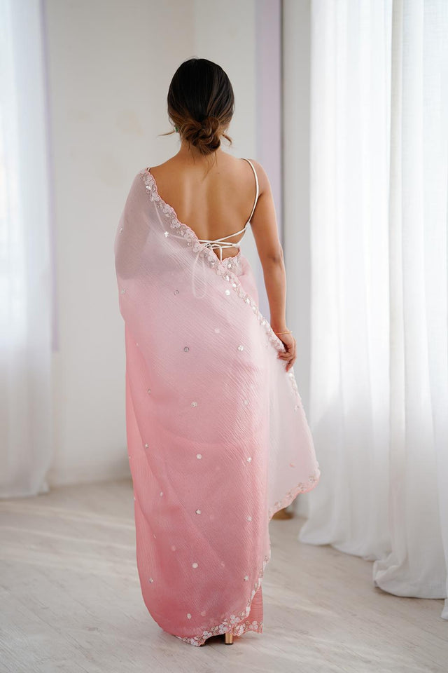 Pink Sequin with Embroidered Chiffon Saree (ACA5623)