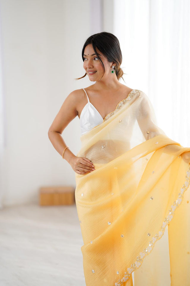 Mustard Sequin with Embroidered Chiffon Saree (ACA5625)