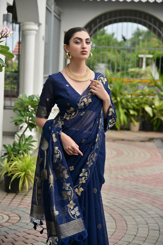 Blue Zari Woven Linen Saree (ACA5632)