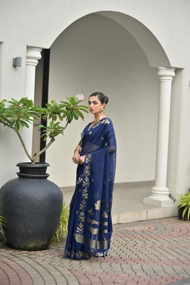 Blue Zari Woven Linen Saree (ACA5632)