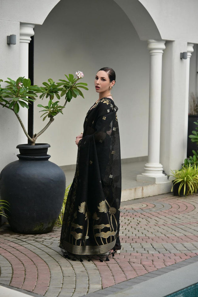 Black Zari Woven Linen Saree (ACA5633)