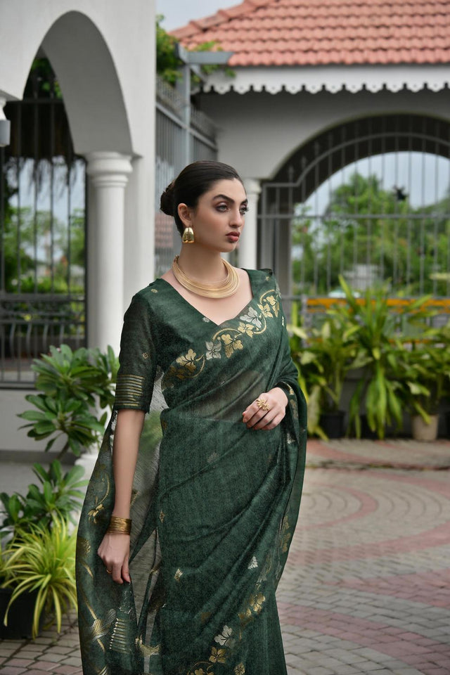 Green Zari Woven Linen Saree (ACA5634)