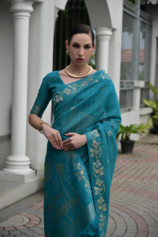 Turquoise Zari Woven Linen Saree (ACA5635)