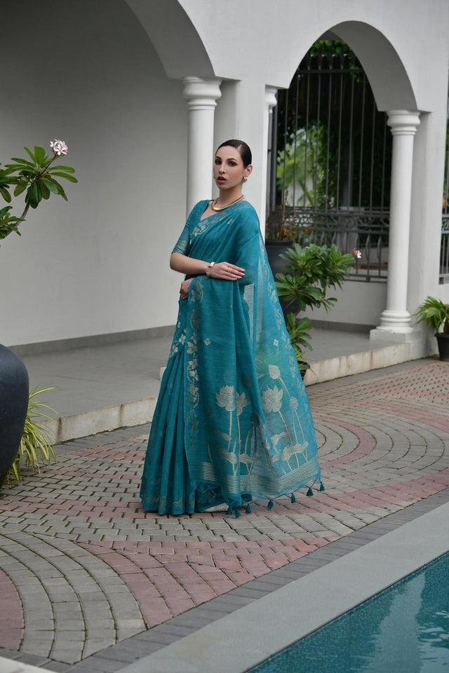 Turquoise Zari Woven Linen Saree (ACA5635)