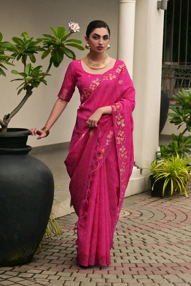 Pink Zari Woven Linen Saree (ACA5636)