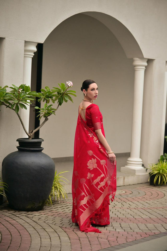 Red Zari Woven Linen Saree (ACA5637)