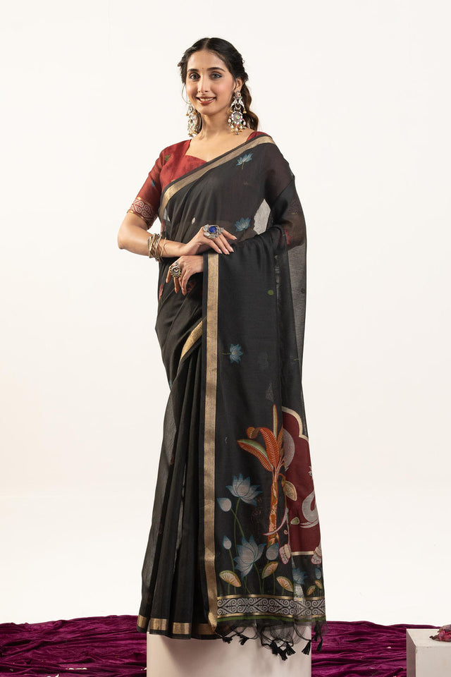 Black Woven Cotton Saree (ACA5638)