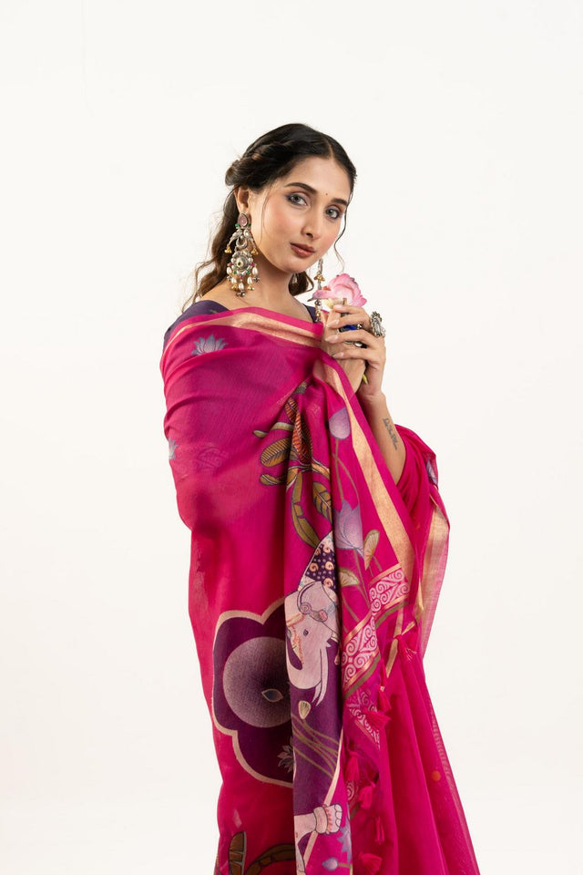 Pink Woven Cotton Saree (ACA5641)