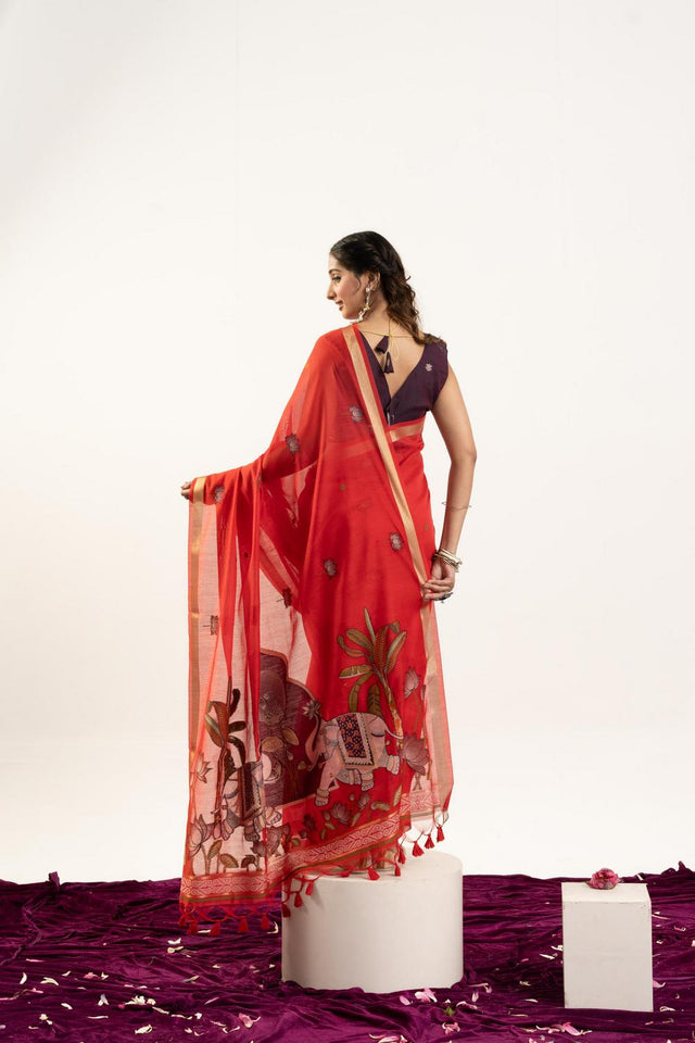 Red Woven Cotton Saree (ACA5642)