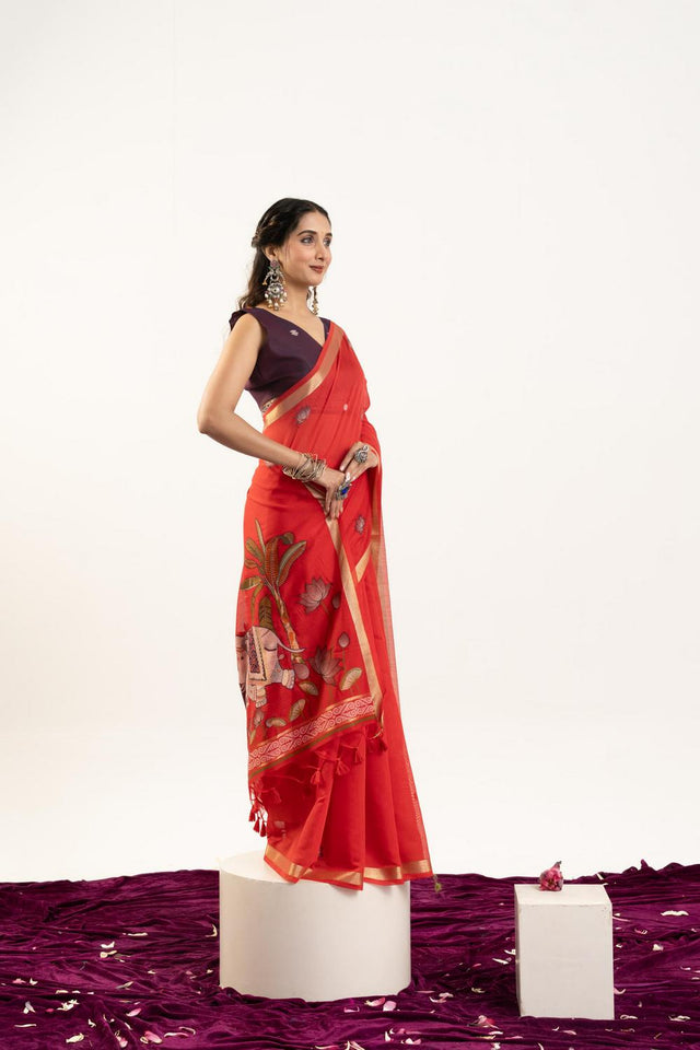 Red Woven Cotton Saree (ACA5642)