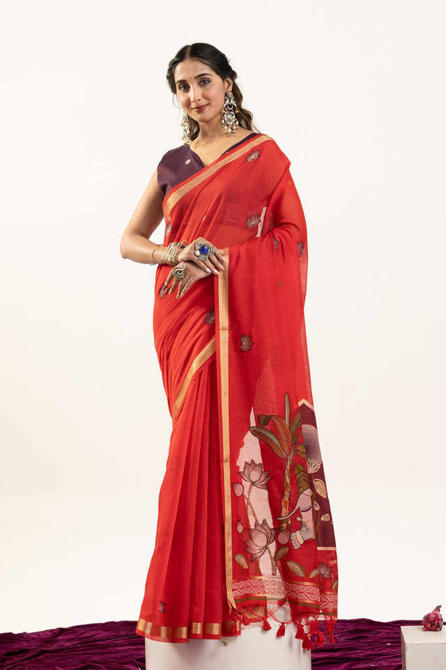 Red Woven Cotton Saree (ACA5642)