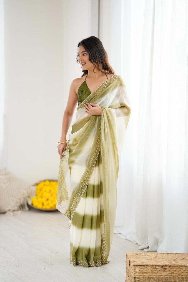 Green Embellished Satin Saree (ACA5649)